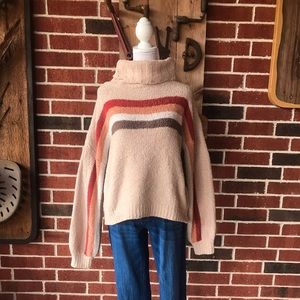 Tan Sweater with Multicolored Stripes